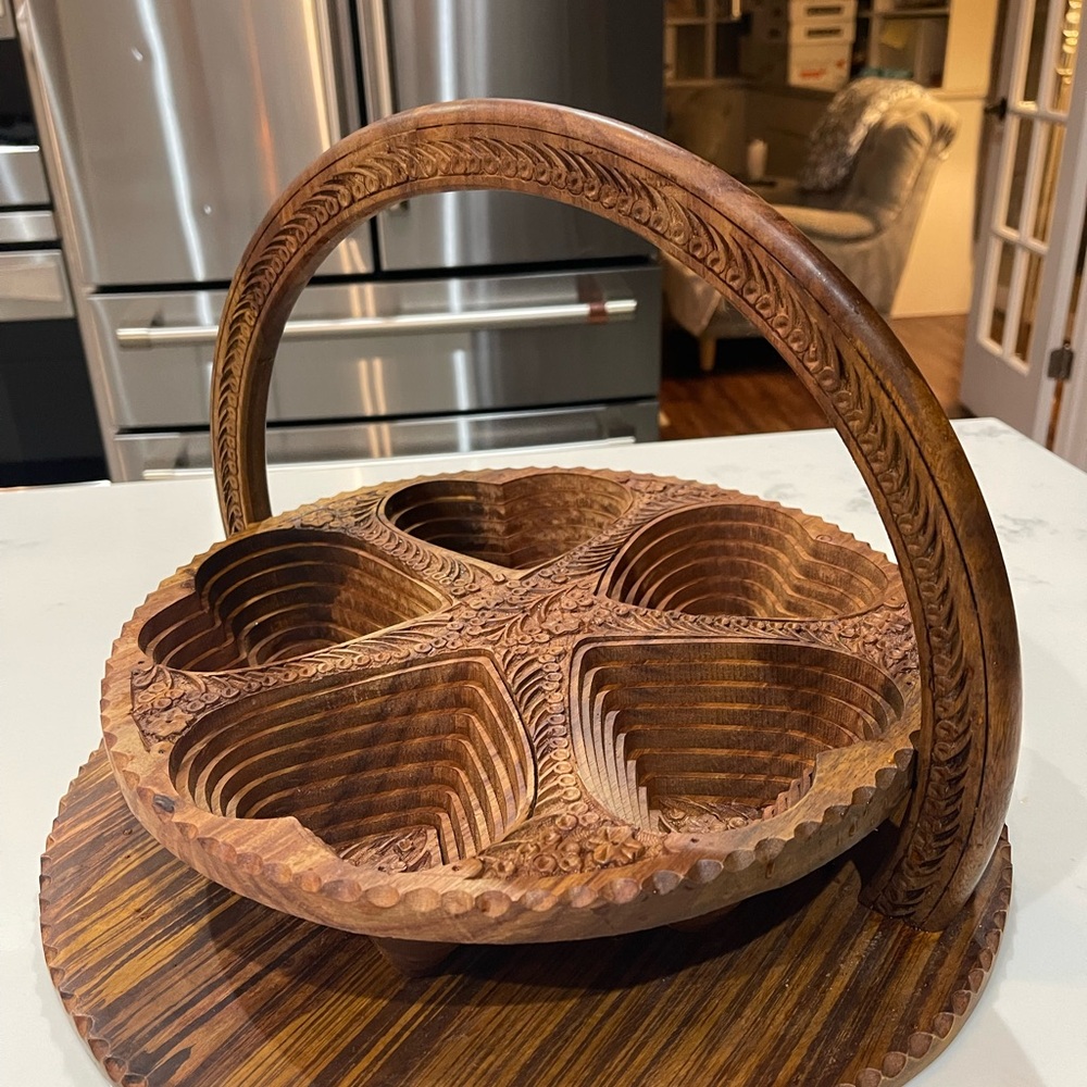Intricately Carved Wooden Basket